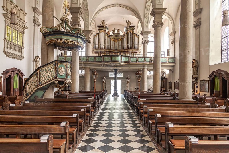 Interior with church organ of the Catholic Church of St Maximilian, Maxkirche, state capital Düsseldorf, North Rhine-Westphalia, Germany, Europe