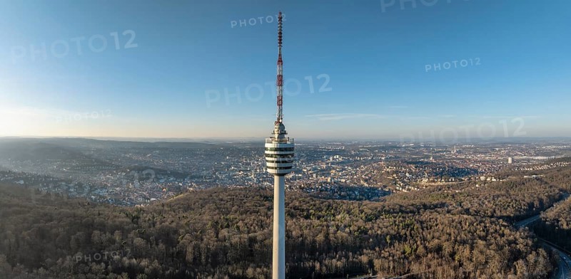 Aerial view, panorama from the 216.6 metre high Stuttgart television tower, observation tower, restaurant, radio transmitter, tourist attraction and historical landmark, in operation since 1956. Behind it the state capital Stuttgart, Degerloch, Baden-Württemberg, Germany, Europe