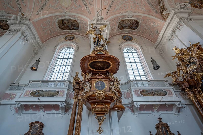 Pulpit of the Church of the Guardian Angels, built in the 17th century and rebuilt in Baroque style after its destruction in 1717, Eichstätt, Upper Bavaria, Germany, Europe