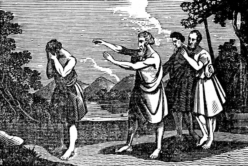 Noah rejects his son Ham, whose brothers Shem and Japheth stand behind Noah, grief, anger, mountain landscape with lake, Genesis, woodcut, Christoph Schmid's Biblical History 1831