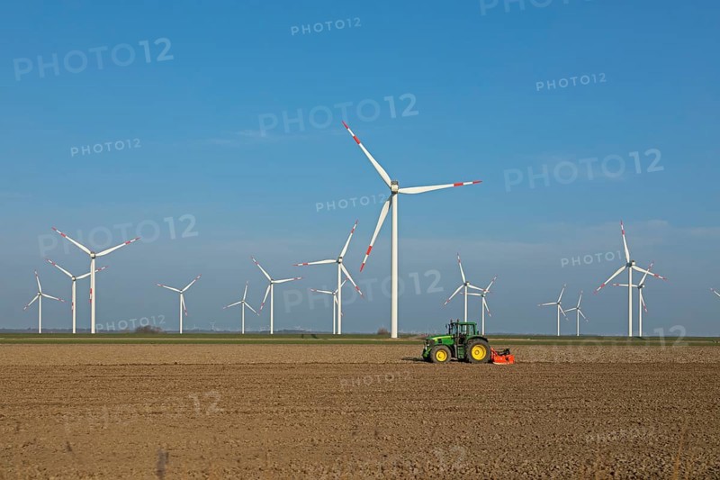 Wind farm, wind power plants, tractor, Reußenköge, North Frisia, Schleswig-Holstein, Germany, Europe