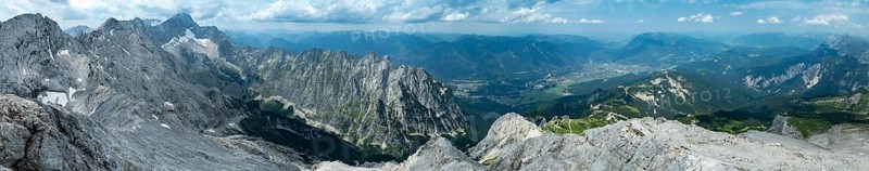 Alpine panorama, aerial view, 360° view from the Alpspitze, high mountains, Bavaria, Germany, Europe