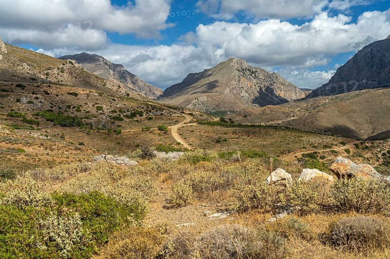 Hiking trail in the landscape of the south-west coast near Preveli, Crete, Greece, Europe