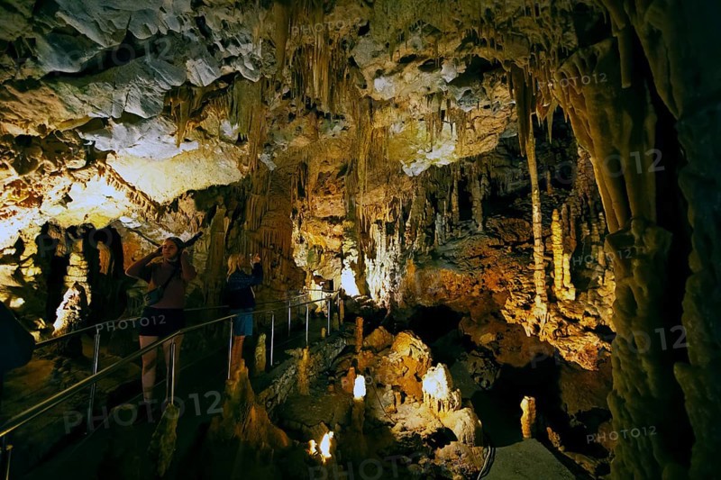 Cave with illuminated stalactites and stalagmites, stalactite cave, Diros Cave, Glyfada Cave, Vlychada Cave, Mani, Laconia, Peloponnese, Greece, Europe