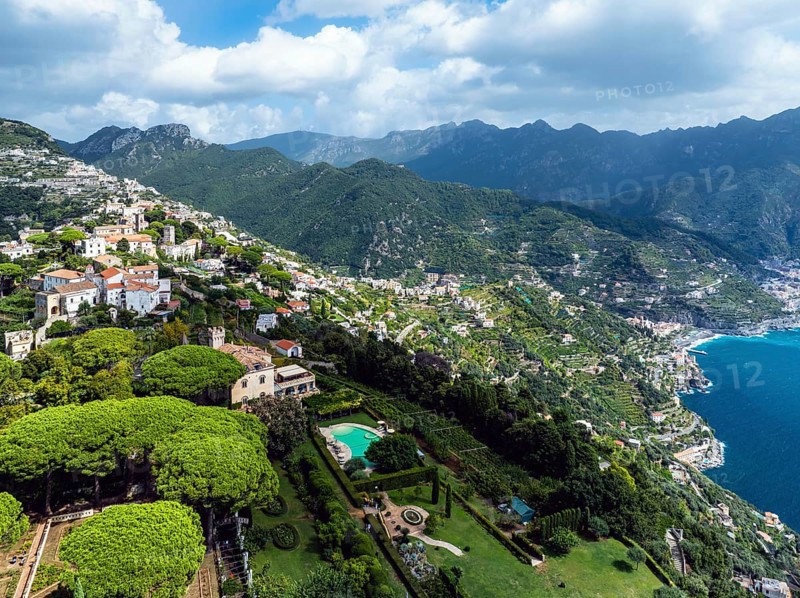 View of Ravello from a drone, Amalfi Coast, Tyrrhenian Sea, Salerno, Campania, Italy, Europe