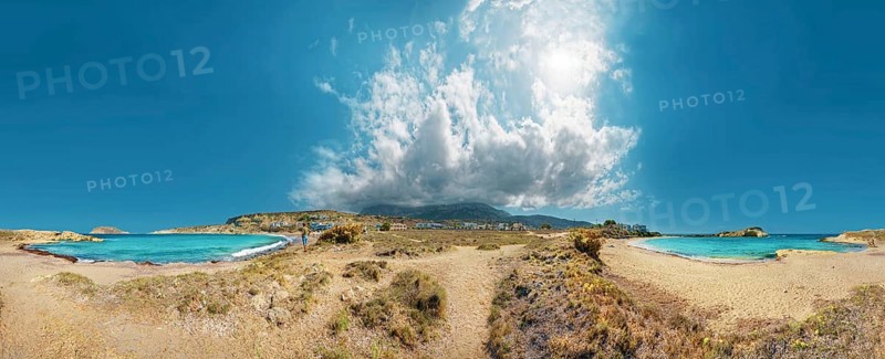 360° panorama with clear sea and Frangolimiona beach under blue sky with dramatic clouds, calm and sunny atmosphere, Arkasa, Karpathos, Greece, Europe