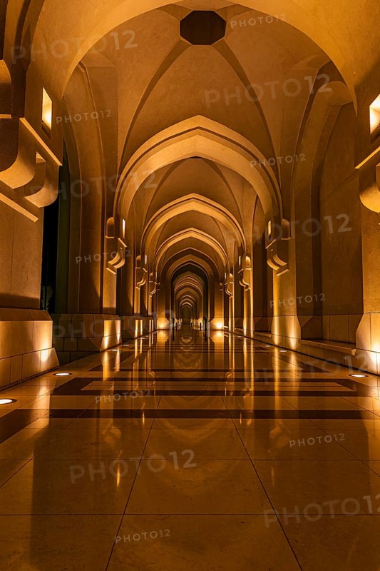 Illuminated arcades at the Sultan's Palace, Muscat, Arabian Peninsula, Sultanate of Oman