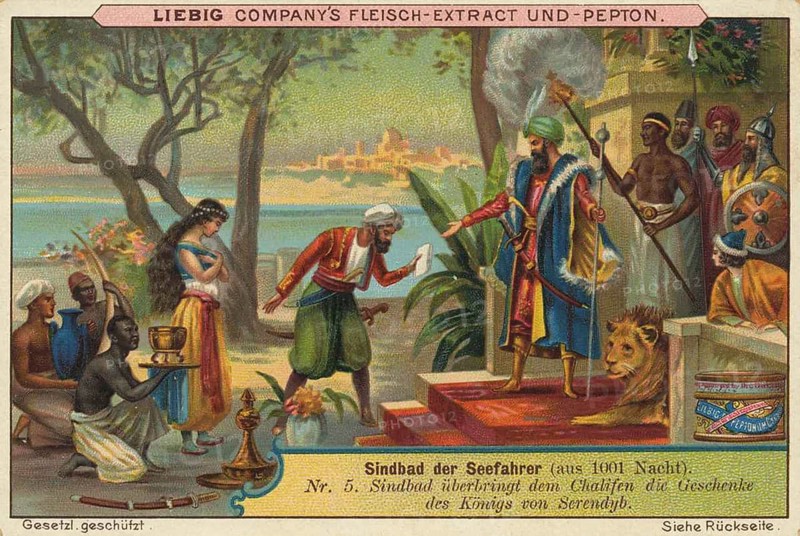 Picture series 1001 Nights, Sinbad the Sailor, 5, Sinbad presents the gifts of the King of Serendyb to the Caliph, Liebig picture, digitally restored reproduction of a collector's picture from around 1900, public domain, exact date unknown, A king presents gifts in an exotic setting with a lion. Fairytale-like