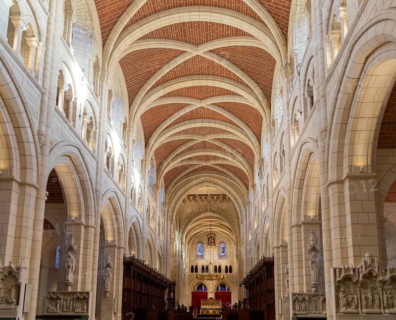 Vaulted roof ceiling interior of Buckfast abbey church, Buckfast Abbey, Devon. England, UK