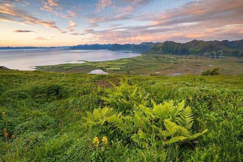 View of the coast and mountains from Mount Hoven, Gimsoy, Lofoten, Norway, Europe