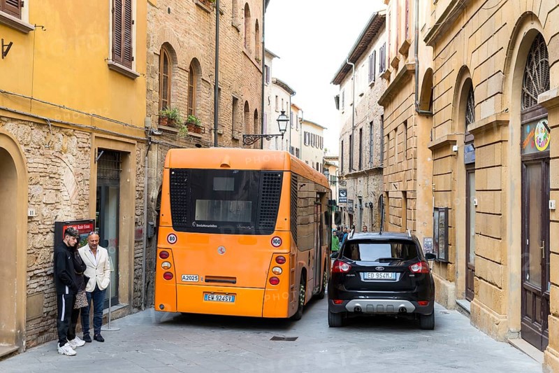 Bus in the Piazzetta San Michele in the historic centre of Volterra, province of Pisa, Tuscany, Italy, Europe