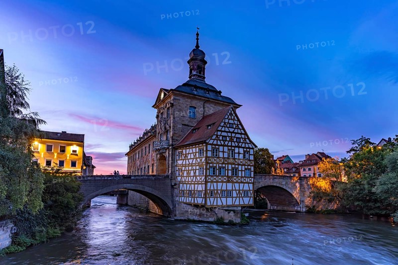 The Old Town Hall in the river Regnitz at dusk, Old Town of Bamberg, Upper Franconia, Bavaria, Germany, Europe