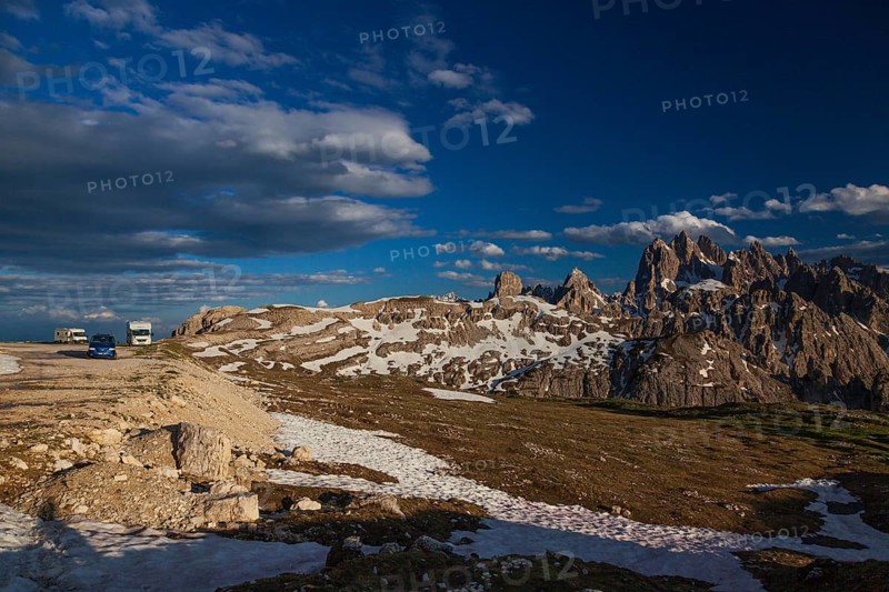 Camper paring at 2300 m sea level. Cadin mountain and surrounding area of the Tre Cime di Lavaredo mountains, South Tyrol, Italy, Europe