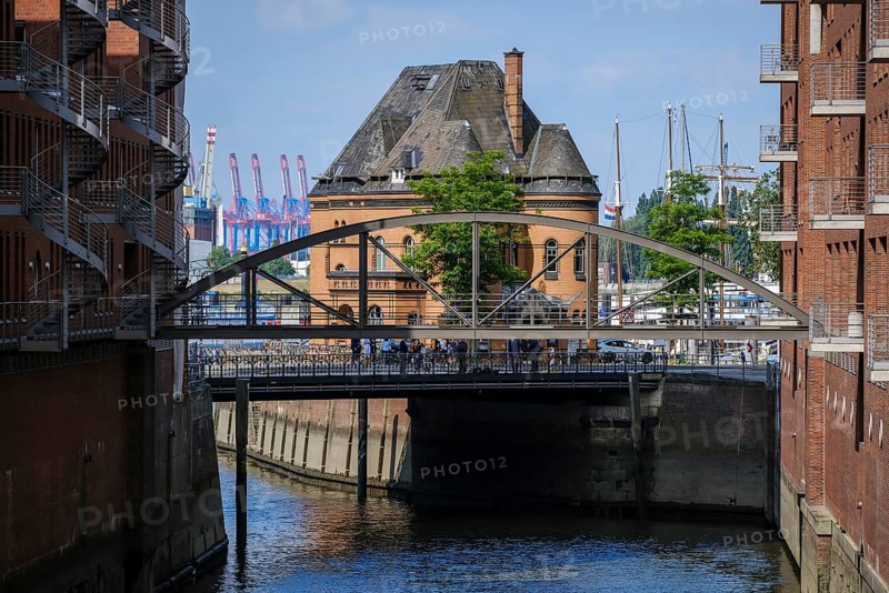Hamburg, Germany - Warehouses in the Speicherstadt, harbour police station behind