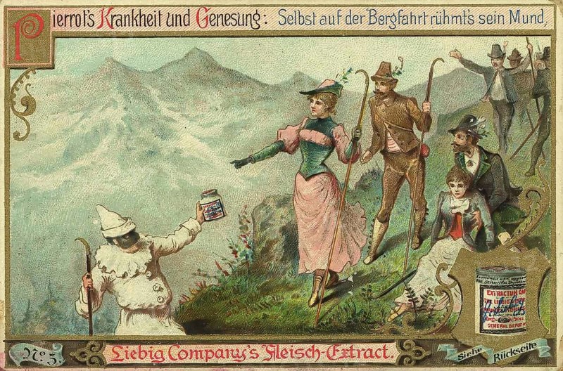 Series Cure of Pierrot by Liebig meat extract, Pierrot's illness and recovery, even on the mountain journey his mouth praises it, Liebig picture, digitally restored reproduction of a collector's picture from ca 1900, public domain, exact date unknownPierrot's illness and recovery, badly the illness has seized him, exact date unknown, hiker in the Alps, Pierrot presents Liebig's extract on a mountain