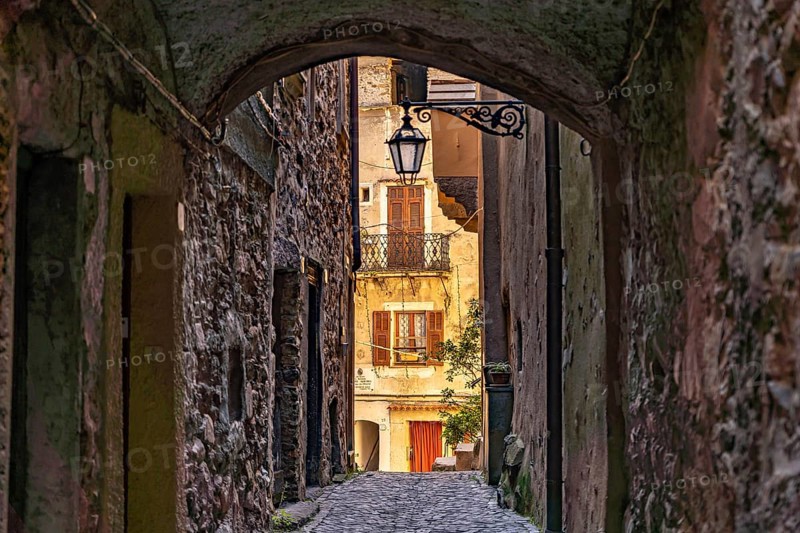 Narrow alleyways in the medieval village of Rocchetta Nervina in Val Nervia, Liguria, Italy, Europe