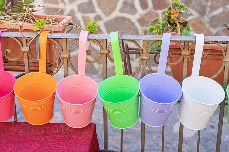 Colourful flowers pots, Castelmola, Taormina, Sicily, Italy, Europe