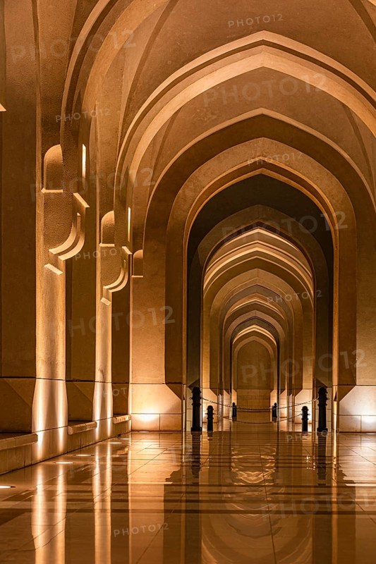 Illuminated arcades at the Sultan's Palace, Muscat, Arabian Peninsula, Sultanate of Oman