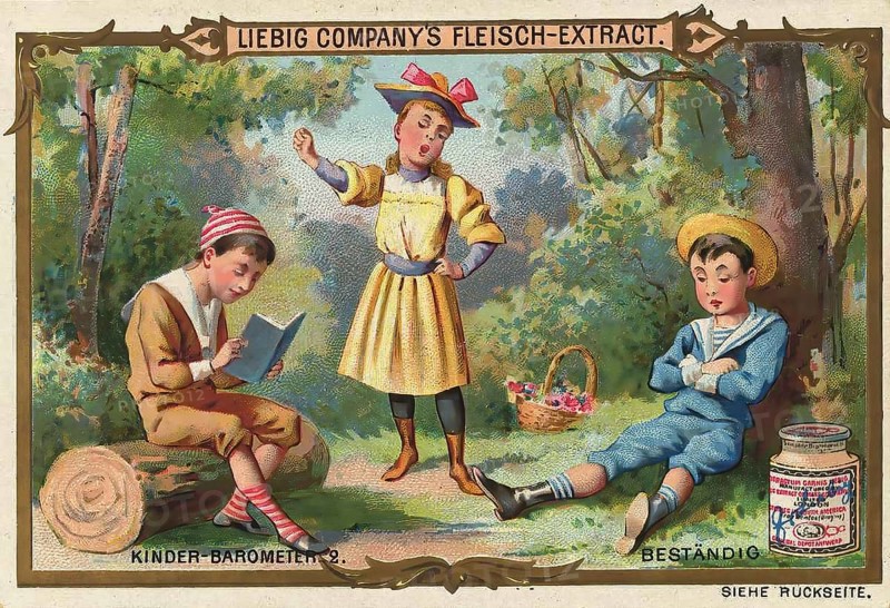Picture series Children's barometer, 2, constant, relaxed children, Liebig picture, digitally restored reproduction of a collective picture from ca 1900, public domain, exact date unknown, children relaxing in the forest, one is reading, the others are resting