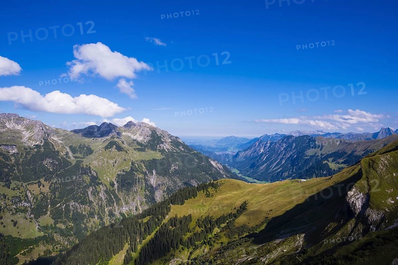 View from the Rappenseehuette into the Stillachtal valley as far as Oberstdorf, Allgäu Alps, Allgaeu, Bavaria, Germany, Europe