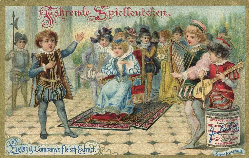 Picture series Children as travelling minstrels, Liebig picture, digitally restored reproduction of a collector's picture from around 1900, public domain, exact date unknown, group of minstrels in historical costumes giving a concert outdoors
