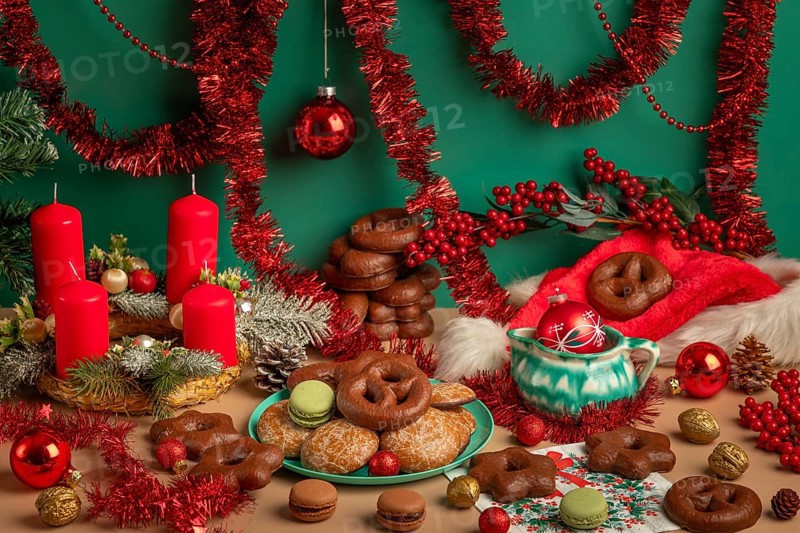 Table with Christmas decorations, biscuits and Advent wreath with red candles, framed by garlands