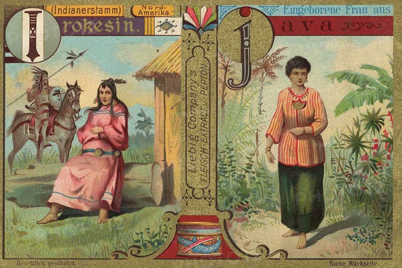 Picture series Noble woman from all over the world, Iroquois from the North American Indian tribe and natives from Java, Liebig picture, digitally restored reproduction of a collector's picture from around 1900, public domain, exact date unknown, woman in traditional dress of the Iroquois and Java, cultural exchange