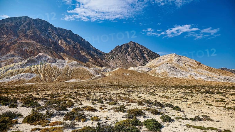 Vast desert-like landscape with volcanic rock and mountain range under a clear sky, volcanism, volcanic island, caldera, Polyvotis, Nisyros, Dodecanese, Greek Islands, Greece, Europe