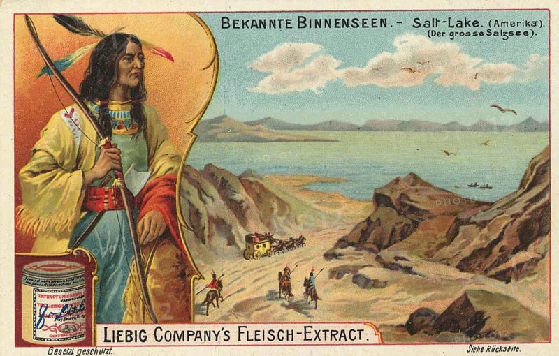 Picture series Known inland lake with natives, Salt Lake, the great salt lake in America, Liebig picture, digitally restored reproduction of a collector's picture from about 1900, public domain, exact date unknown, A native man in traditional dress stands in front of a wilderness landscape with a large lake and distant mountains. A carriage moves along a path