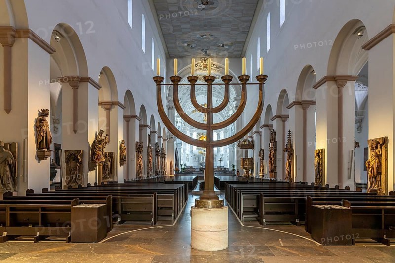Seven-branched candelabra or menorah in the interior of Würzburg Cathedral, Würzburg, Bavaria, Germany, Europe