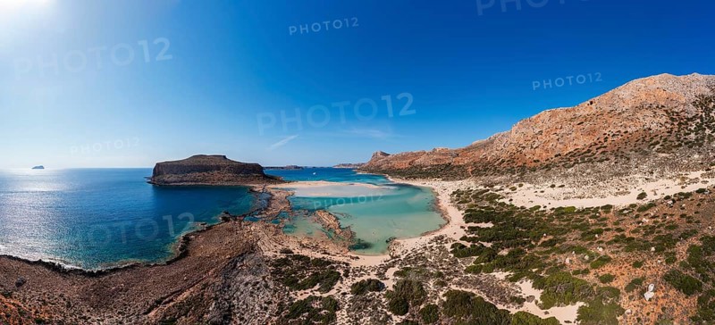 Drone shot, beach and bay of Balos, Gramvousa peninsula, Kolimbari, West Crete, Crete, Greece, Europe