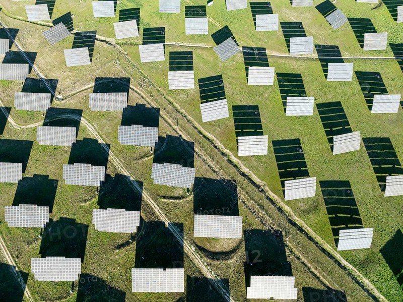 Rows of solar panels at a photovoltaic plant near town of Espejo. Aerial view. Drone shot. Córdoba province, Andalucía, Spain, Europe