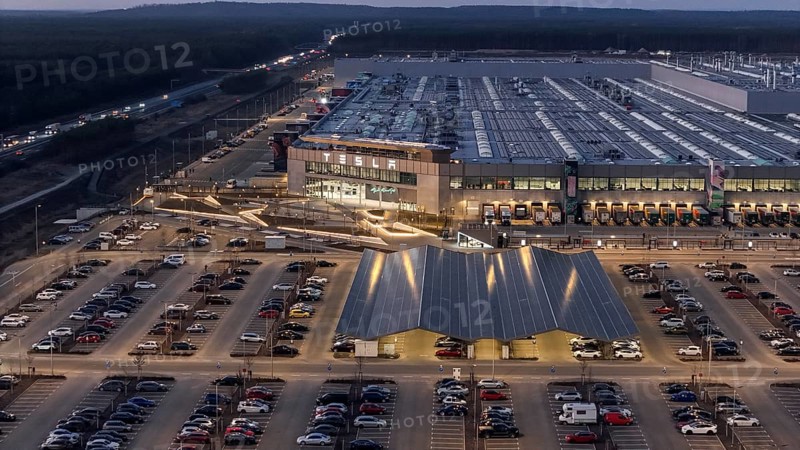 The Tesla Gigafactory at the blue hour, Grünheide, 07.03.2025, Grünheide, Brandenburg, Germany, Europe