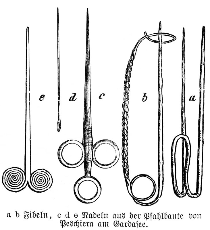 Jewellery from the finds of Peschiera del Garda on Lake Garda at the time of the Terramare culture around 1750 to 1150 BC, Northern Italy, brooches or clasps and pins, archaeology, history of mankind, Veneto, Italy, historical illustration 1880, Europe