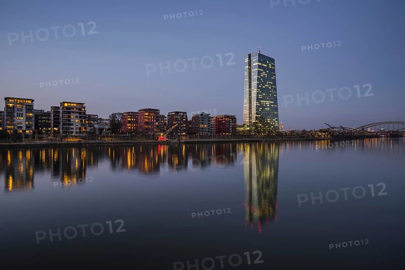 European Central Bank, ECB, in the evening twilight, blue hour, harbour park, Frankfurt am Main, Hesse, Germany, Europe
