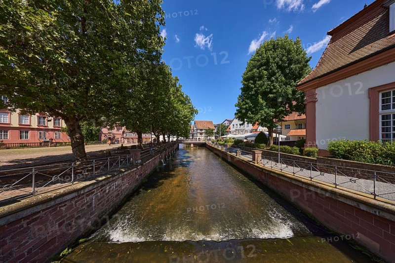 River Mümling, general development, car and pedestrian bridge, trees, metal railing, blue sky, Neue Lustgartenstraße, market square, Erbach, Odenwald, Odenwaldkreis, Hesse, Germany, Europe