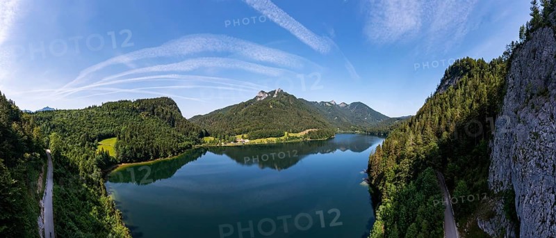 Drone image, Schwarzensee in the Schafberg massif near Sankt Wolfgang, Osterhorn group, Salzkammergut, Salzburg province, Austria, Europe