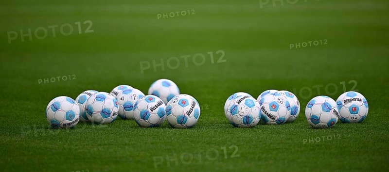 Adidas Derbystar match balls on the pitch WWK Arena, Augsburg, Bavaria, Germany, Europe