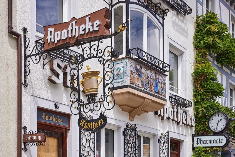 Historic pharmacy, nose sign, pharmacy, facade clock, historic building, old town, Wolfach, Black Forest, Ortenaukreis, Baden-Württemberg, Germany, Europe