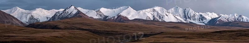 Panorama, Glaciated and snow-capped mountains, dramatic landscape, plateau, autumnal mountain landscape with yellow grass, Tian Shan, Sky Mountains, Sary Jaz Valley, Kyrgyzstan, Asia