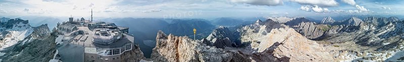Alpine panorama, mountain station of the Zugspitzbahn, Zugspitze and Zugspitzplatt with glacier, high mountains, Bavaria, Germany, Europe