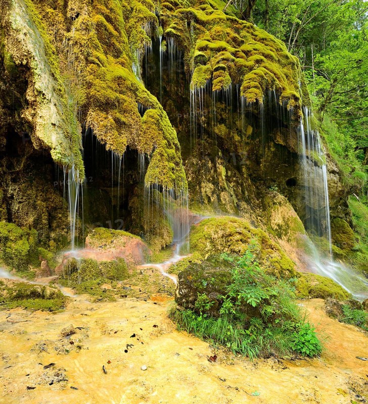 The Schleier Falls on the Ammer, moss-covered waterfall, Ammergau Alps, Bavaria, Germany, Europe