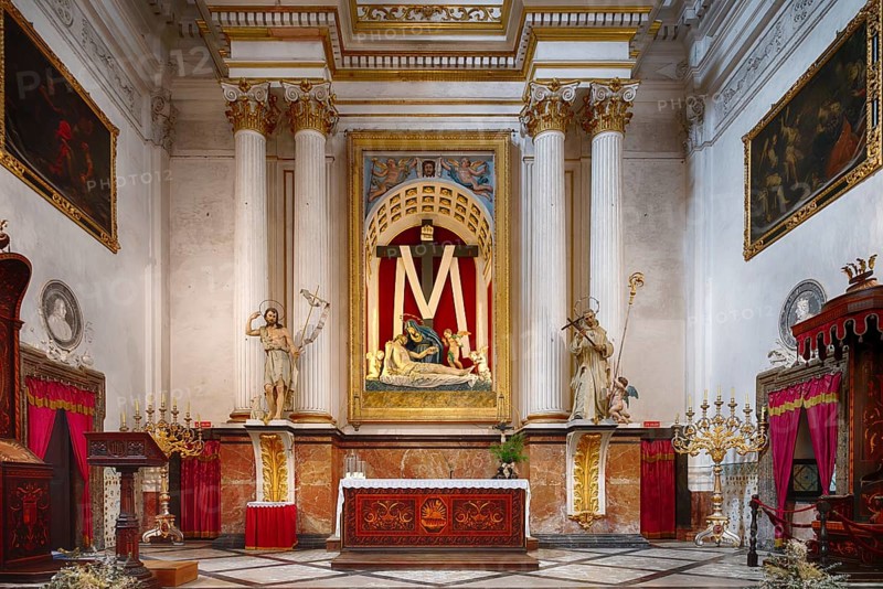 Interior view, Altar of the Charterhouse, Church Iglesia de la Cartuja, Real Cartuja (Royal Carthusian Monastery), Valldemossa, Tramuntana Mountains, Serra de Tramuntana, Majorca, Balearic Islands, Balearic Islands, Spain, Europe