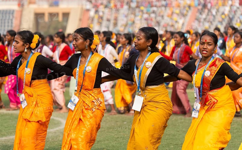 Several thousands of dancers perform traditional Jhumur dance, as they rehearse for the upcoming 'Jhumoir Binandini' event at the Sarusajai Stadium in Guwahati, India on February 22, 2025. Jhumur is a traditional folk dance of Assam, mainly performed by the Adivasi (Tea Tribe) community working in the tea gardens of the state