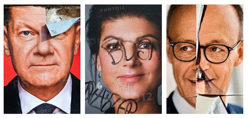 Torn and graffitied large posters for the 2025 federal election with Olaf Scholz, Sahra Wagenknecht and Friedrich Merz, Bochum, Germany, Europe