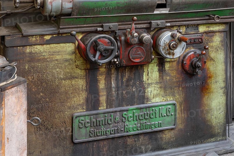 Detail with company sign of a workbench in the production hall of engine valves, formerly Dietz & Pfriem valve factory, today Industrial Museum Lauf, Sicharchard Str., Lauf an der Pegnitz, Middle Franconia, Bavaria, Germany, Europe
