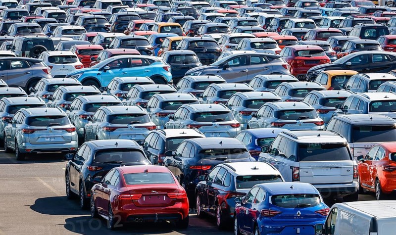 Duisburg, North Rhine-Westphalia, Germany - New cars, transhipment centre, car terminal in Duisburg harbour