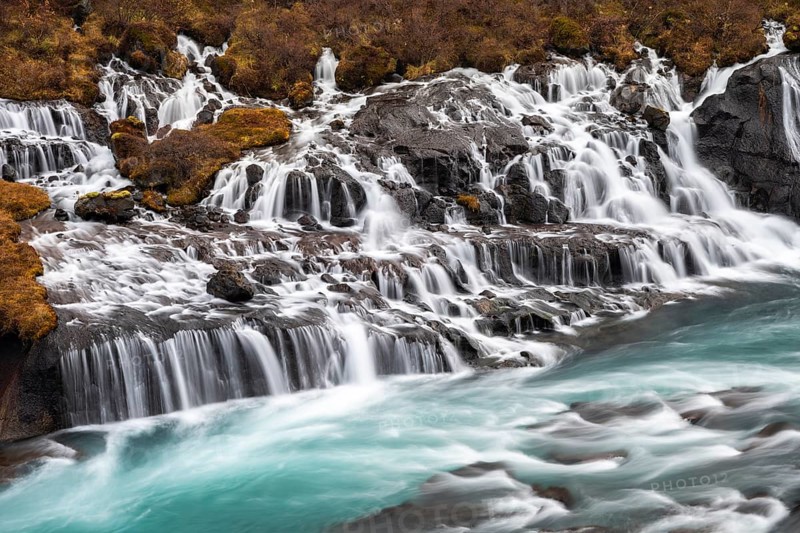 Hraunfossar, waterfalls in autumn, river Hvítá, West Iceland, Vesturland, Iceland, Europe