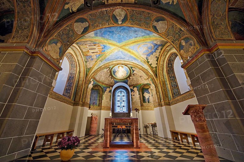 St. Maria and Clemens, Romanesque double church, lower church, view into the choir with ceiling paintings, Bonn, North Rhine-Westphalia, Germany, Europe