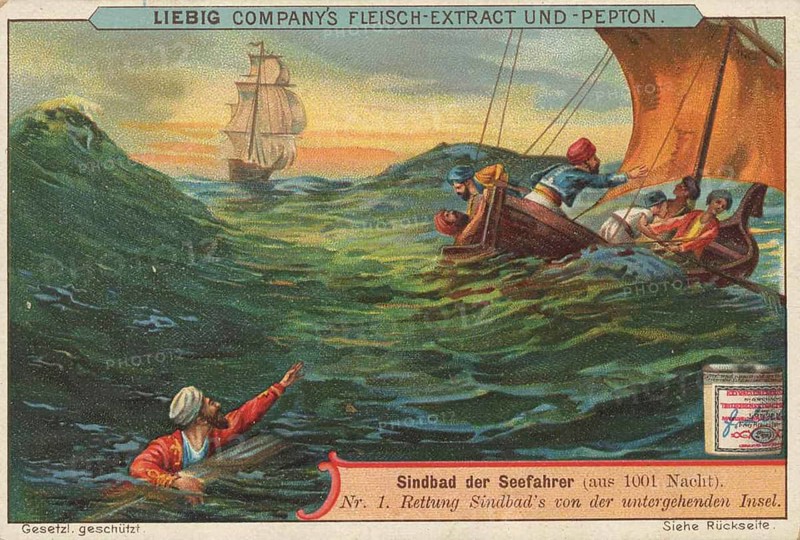Picture series 1001 Nights, Sinbad the Sailor, Rescue of Sinbad from the sinking island, Liebig picture, digitally restored reproduction of a collector's picture from ca 1900, public domain, exact date unknown, men try to save themselves from an imminent danger in the stormy sea